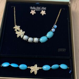 New Never Used Bella D. Gold and Turquoise Starfish Necklace Set